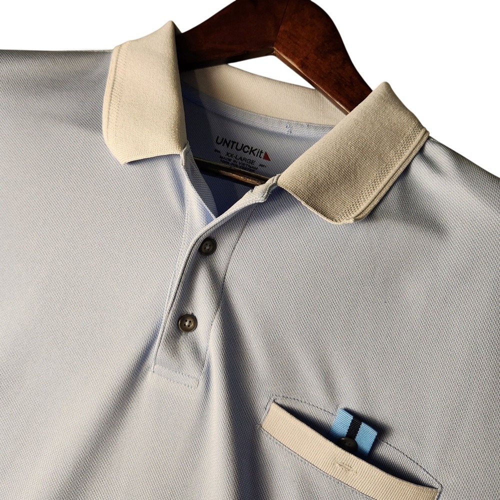 UNTUCKit Polo Shirt Mens XXL Light Blue Cream Pique Short Sleeve Pocket